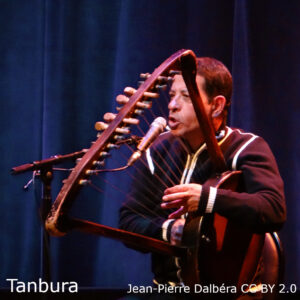 A man playing the tanbura (a Middle Eastern lyre).