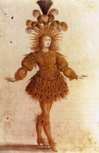 Louis XIV as a ballet dancer, in a dancing pose, in an elaborate costume